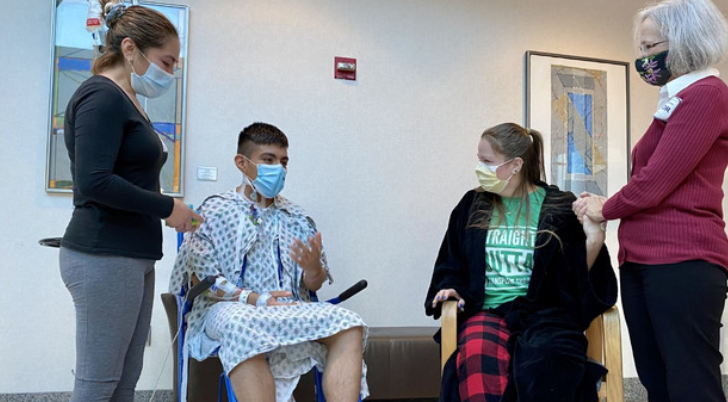 Kidney transplant recipient Agustin De La O Martinez meets his donor Kat Velkoff at Inova Fairfax Hospital. Photo by Jay Korff/ABC7 News