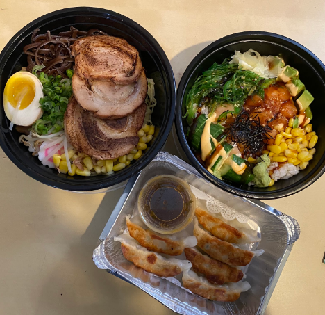 from left to right the items picture are the Rice Alley Signature Ramen, Pork Gyoza, and the Salmon Poke Bowl.