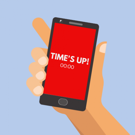 A graphic depicting a hand popping out of the bottom right corner holding a phone that is glowing red with the words "Time's Up" and a finished countdown.