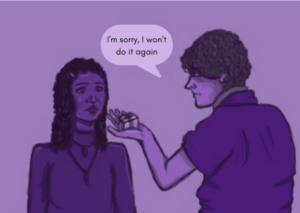 Constantly making the same mistakes and asking for forgiveness through gifts or apologies is a sign of toxicity. The purple tones symbolize an abuse of power and frustration.