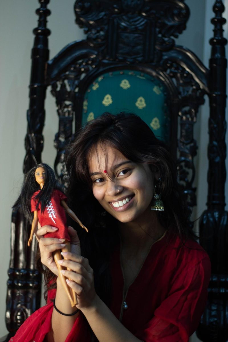 Alveera+Choudhury+%2826%29+wearing+authentic+Desi+attire%2C+holding+a+South-Asian+Barbie+doll.