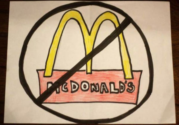A drawing of a crossed-out McDonald’s logo represents boycott efforts against companies supporting Israel.