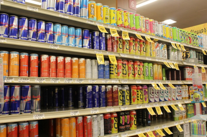 Energy drinks displayed at Safeway.