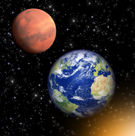 An image showcasing Mars and Earth, with rays from the sun visible in the bottom right corner. Both planets are in relatively close proximity to each other, so that is one of the reasons why Mars is being considered for future conquest. Graphic created by Mia Miller. 