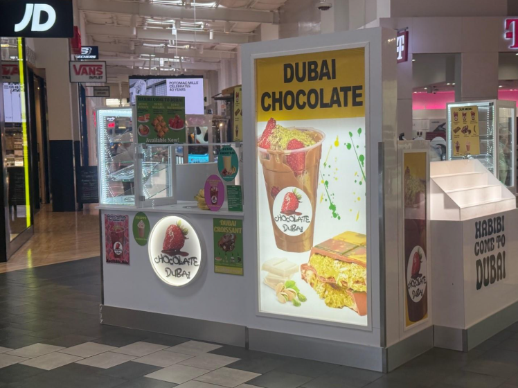 A Dubai chocolate pop up stand at Potomac Mills Mall. Many different shops sell variations of this viral product.
