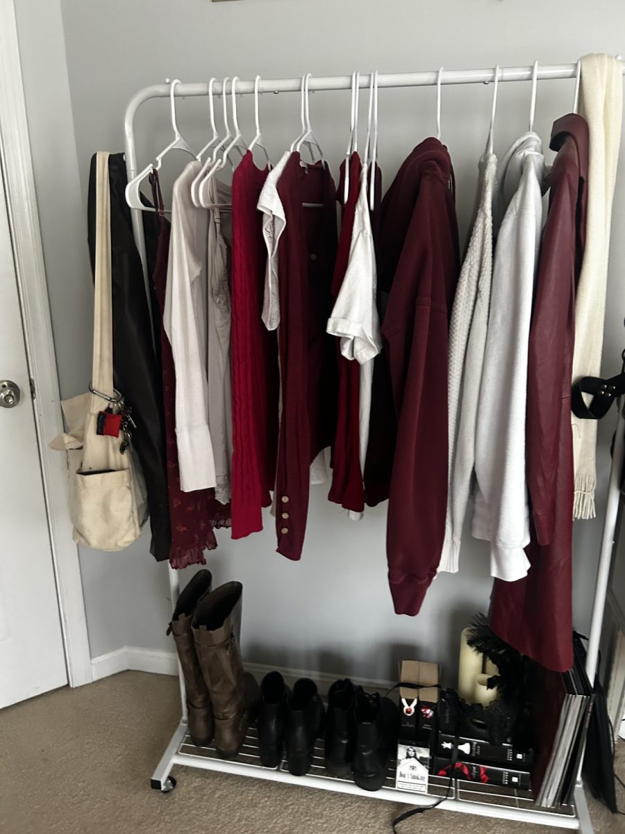 Clothes and shoes hung on a rack, showing the different styles and materials of fashion.