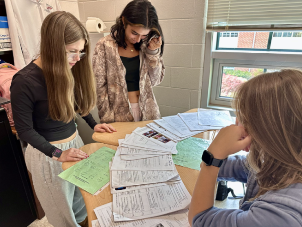Students Bella Howell, Alisha Singh and Hayleigh Homes are in class looking at all the work they’ve been procrastinating.